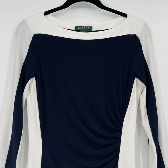 Lauren Ralph Lauren Womens Dress Sz 6 Navy Ivory Colorblock Stretch Knee Length - Picture 2 of 10
